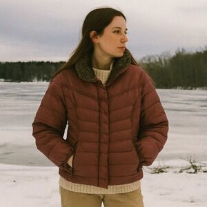 Vintage Y2K Eddie Bauer Down Puffer Jacket Women XS Petite Maroon Faux Fur‎ Trim